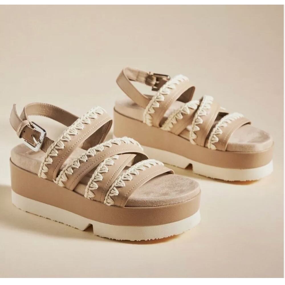 Platform Strappy Sandals in Beige with White Trim